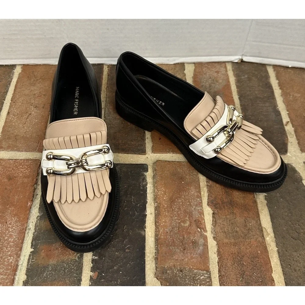 Marc Fisher Calisto Kiltie Fringe Loafers Black Beige White Gold Chain Women 9.5